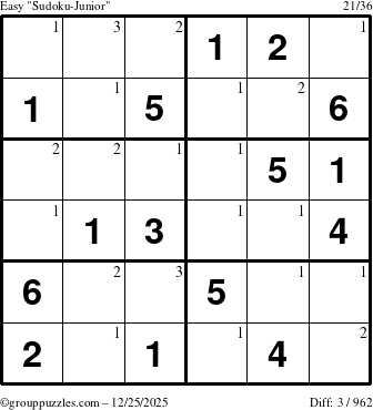 The grouppuzzles.com Easy Sudoku-Junior puzzle for Thursday December 25, 2025 with the first 3 steps marked