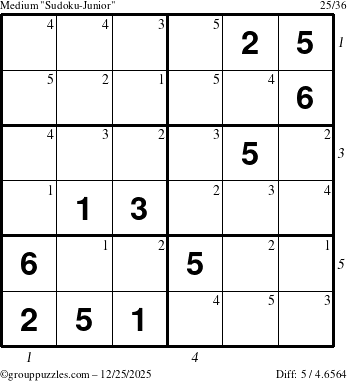 The grouppuzzles.com Medium Sudoku-Junior puzzle for Thursday December 25, 2025, suitable for printing, with all 5 steps marked