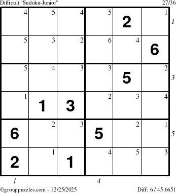 The grouppuzzles.com Difficult Sudoku-Junior puzzle for Thursday December 25, 2025, suitable for printing, with all 6 steps marked