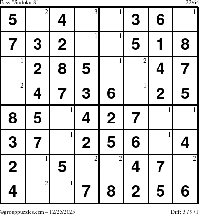 The grouppuzzles.com Easy Sudoku-8 puzzle for Thursday December 25, 2025 with the first 3 steps marked