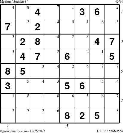 The grouppuzzles.com Medium Sudoku-8 puzzle for Thursday December 25, 2025 with all 8 steps marked