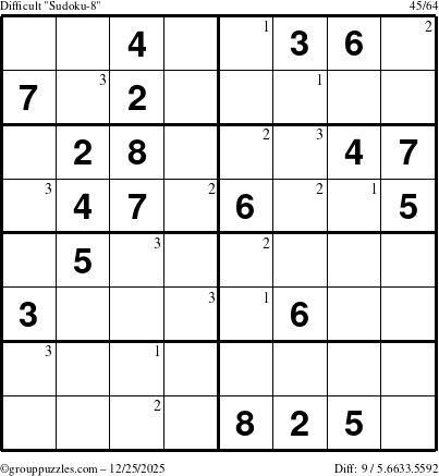The grouppuzzles.com Difficult Sudoku-8 puzzle for Thursday December 25, 2025 with the first 3 steps marked