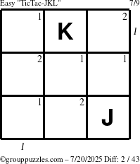 The grouppuzzles.com Easy TicTac-JKL puzzle for Sunday July 20, 2025 with all 2 steps marked