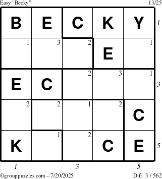 The grouppuzzles.com Easy Becky puzzle for Sunday July 20, 2025 with all 3 steps marked