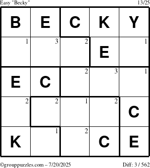 The grouppuzzles.com Easy Becky puzzle for Sunday July 20, 2025 with the first 3 steps marked
