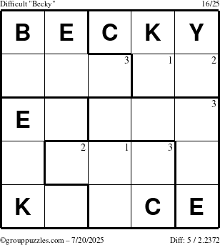The grouppuzzles.com Difficult Becky puzzle for Sunday July 20, 2025 with the first 3 steps marked
