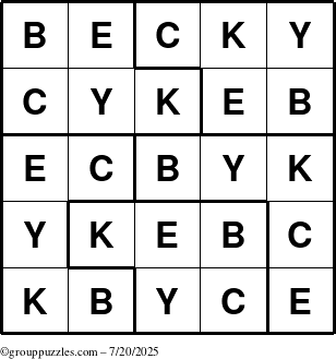 The grouppuzzles.com Answer grid for the Becky puzzle for Sunday July 20, 2025