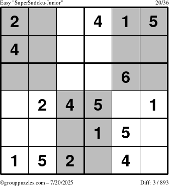 The grouppuzzles.com Easy SuperSudoku-Junior puzzle for Sunday July 20, 2025