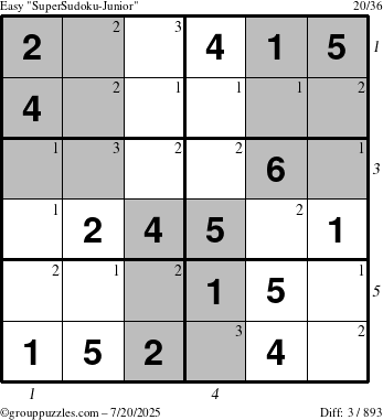 The grouppuzzles.com Easy SuperSudoku-Junior puzzle for Sunday July 20, 2025 with all 3 steps marked