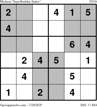 The grouppuzzles.com Medium SuperSudoku-Junior puzzle for Sunday July 20, 2025