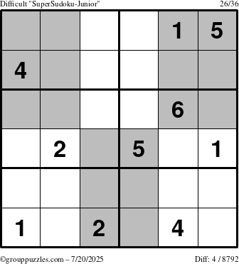 The grouppuzzles.com Difficult SuperSudoku-Junior puzzle for Sunday July 20, 2025