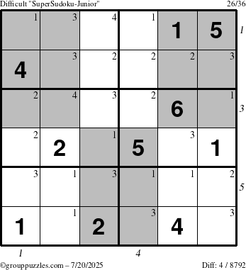 The grouppuzzles.com Difficult SuperSudoku-Junior puzzle for Sunday July 20, 2025 with all 4 steps marked