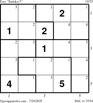 The grouppuzzles.com Easy Sudoku-5 puzzle for Sunday July 20, 2025 with all 4 steps marked