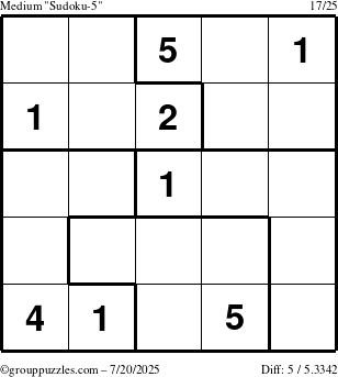 The grouppuzzles.com Medium Sudoku-5 puzzle for Sunday July 20, 2025