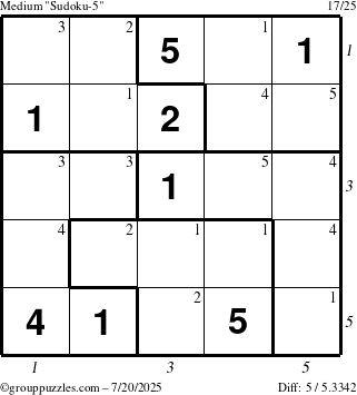 The grouppuzzles.com Medium Sudoku-5 puzzle for Sunday July 20, 2025 with all 5 steps marked