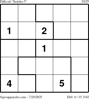 The grouppuzzles.com Difficult Sudoku-5 puzzle for Sunday July 20, 2025