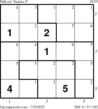 The grouppuzzles.com Difficult Sudoku-5 puzzle for Sunday July 20, 2025 with all 6 steps marked