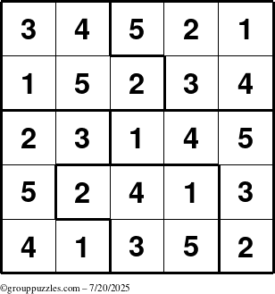 The grouppuzzles.com Answer grid for the Sudoku-5 puzzle for Sunday July 20, 2025