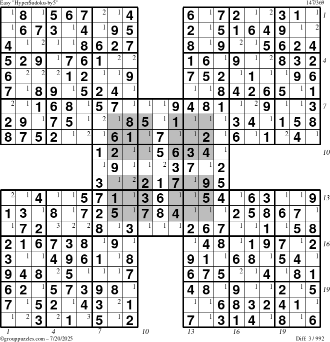 The grouppuzzles.com Easy HyperSudoku-by5 puzzle for Sunday July 20, 2025 with all 3 steps marked
