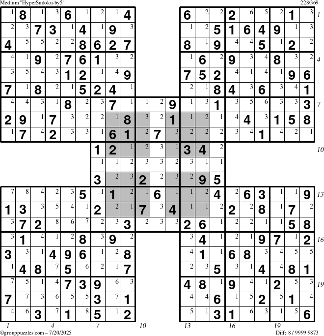 The grouppuzzles.com Medium HyperSudoku-by5 puzzle for Sunday July 20, 2025, suitable for printing, with all 8 steps marked