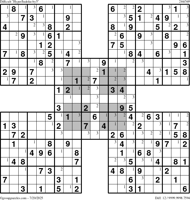 The grouppuzzles.com Difficult HyperSudoku-by5 puzzle for Sunday July 20, 2025 with the first 3 steps marked