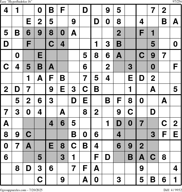 The grouppuzzles.com Easy HyperSudoku-16 puzzle for Sunday July 20, 2025