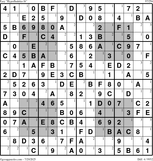 The grouppuzzles.com Easy HyperSudoku-16 puzzle for Sunday July 20, 2025 with the first 3 steps marked