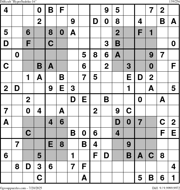The grouppuzzles.com Difficult HyperSudoku-16 puzzle for Sunday July 20, 2025