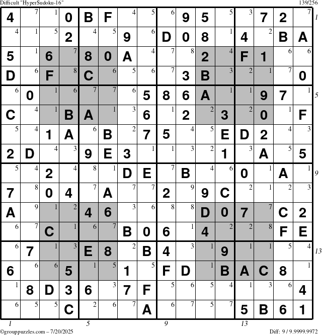 The grouppuzzles.com Difficult HyperSudoku-16 puzzle for Sunday July 20, 2025 with all 9 steps marked