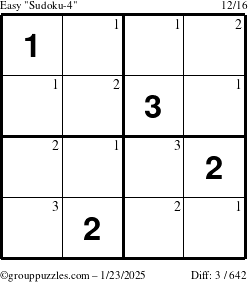 The grouppuzzles.com Easy Sudoku-4 puzzle for Thursday January 23, 2025 with the first 3 steps marked