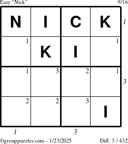 The grouppuzzles.com Easy Nick puzzle for Thursday January 23, 2025 with all 3 steps marked