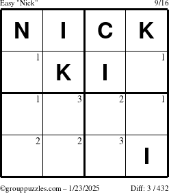 The grouppuzzles.com Easy Nick puzzle for Thursday January 23, 2025 with the first 3 steps marked