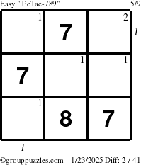 The grouppuzzles.com Easy TicTac-789 puzzle for Thursday January 23, 2025 with all 2 steps marked