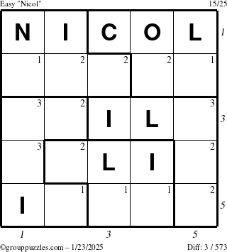 The grouppuzzles.com Easy Nicol puzzle for Thursday January 23, 2025 with all 3 steps marked