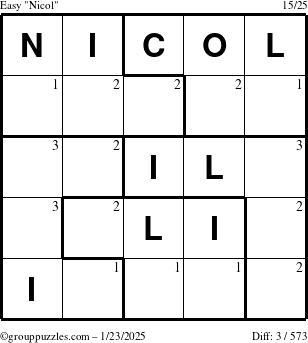 The grouppuzzles.com Easy Nicol puzzle for Thursday January 23, 2025 with the first 3 steps marked