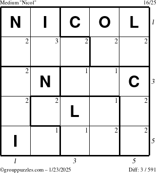 The grouppuzzles.com Medium Nicol puzzle for Thursday January 23, 2025 with all 3 steps marked