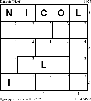 The grouppuzzles.com Difficult Nicol puzzle for Thursday January 23, 2025 with all 4 steps marked