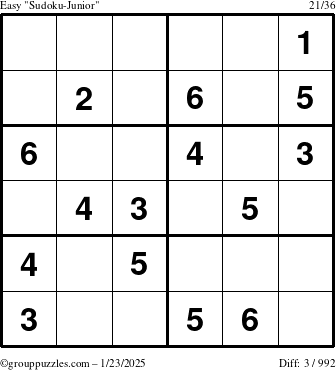 The grouppuzzles.com Easy Sudoku-Junior puzzle for Thursday January 23, 2025