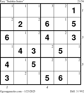 The grouppuzzles.com Easy Sudoku-Junior puzzle for Thursday January 23, 2025 with all 3 steps marked