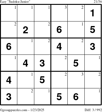 The grouppuzzles.com Easy Sudoku-Junior puzzle for Thursday January 23, 2025 with the first 3 steps marked