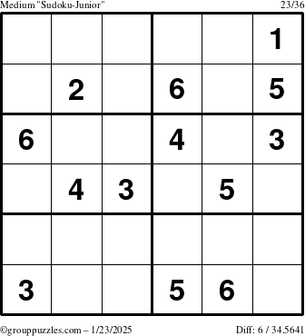 The grouppuzzles.com Medium Sudoku-Junior puzzle for Thursday January 23, 2025