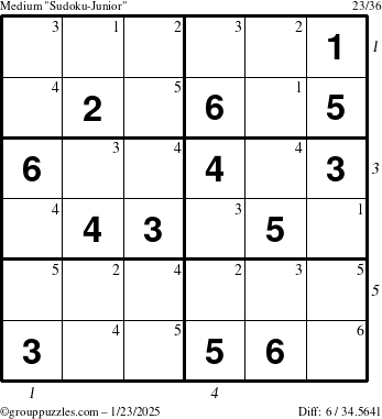 The grouppuzzles.com Medium Sudoku-Junior puzzle for Thursday January 23, 2025 with all 6 steps marked