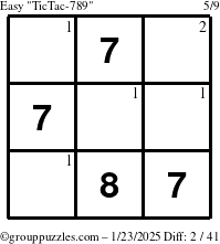 The grouppuzzles.com Easy TicTac-789 puzzle for Thursday January 23, 2025 with the first 2 steps marked