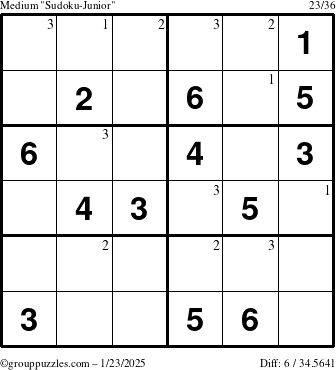 The grouppuzzles.com Medium Sudoku-Junior puzzle for Thursday January 23, 2025 with the first 3 steps marked