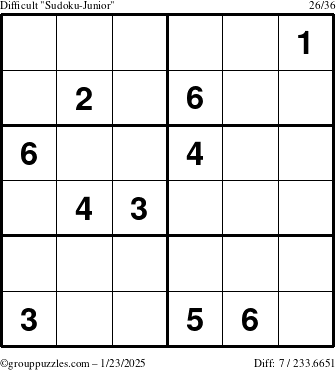 The grouppuzzles.com Difficult Sudoku-Junior puzzle for Thursday January 23, 2025