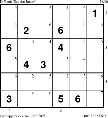 The grouppuzzles.com Difficult Sudoku-Junior puzzle for Thursday January 23, 2025 with all 7 steps marked