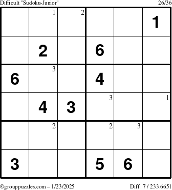 The grouppuzzles.com Difficult Sudoku-Junior puzzle for Thursday January 23, 2025 with the first 3 steps marked