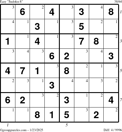 The grouppuzzles.com Easy Sudoku-8 puzzle for Thursday January 23, 2025 with all 4 steps marked