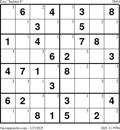 The grouppuzzles.com Easy Sudoku-8 puzzle for Thursday January 23, 2025 with the first 3 steps marked