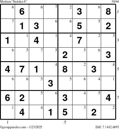 The grouppuzzles.com Medium Sudoku-8 puzzle for Thursday January 23, 2025 with all 7 steps marked